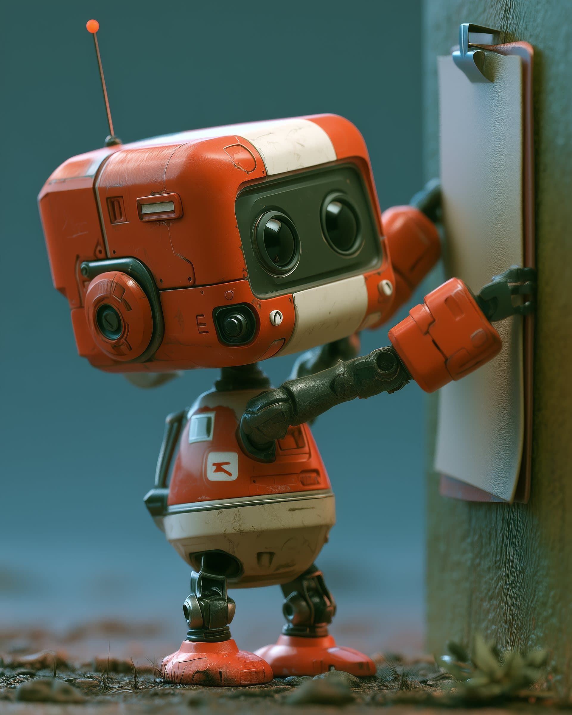 Een klein robotje hangt een poster op een muur