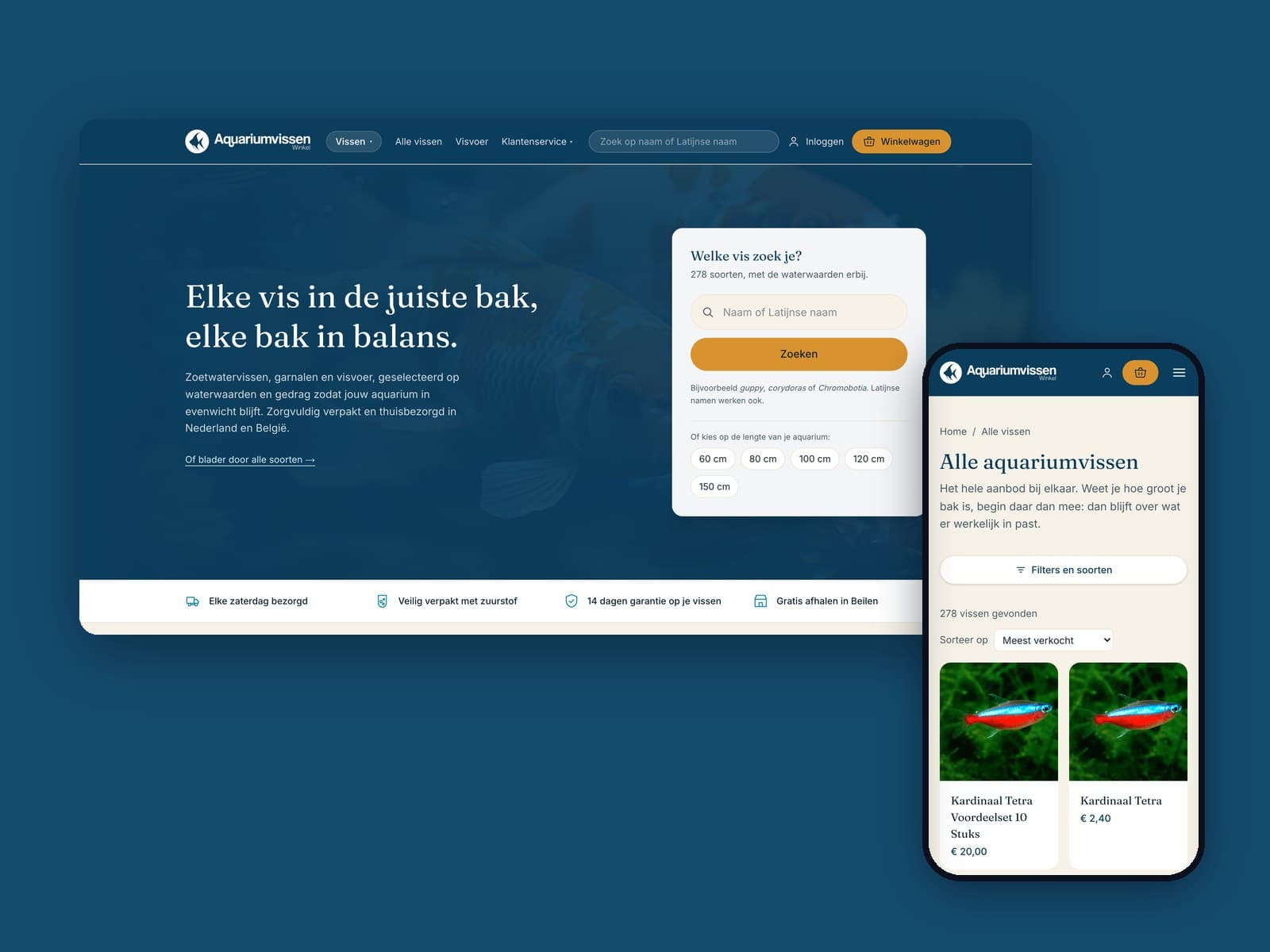 De webshop van Aquariumvissenwinkel op een laptop en een telefoon